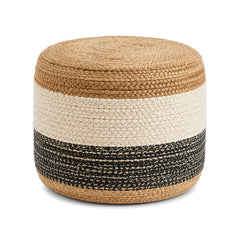 Natural jute round pouf with ivory and black color block bands