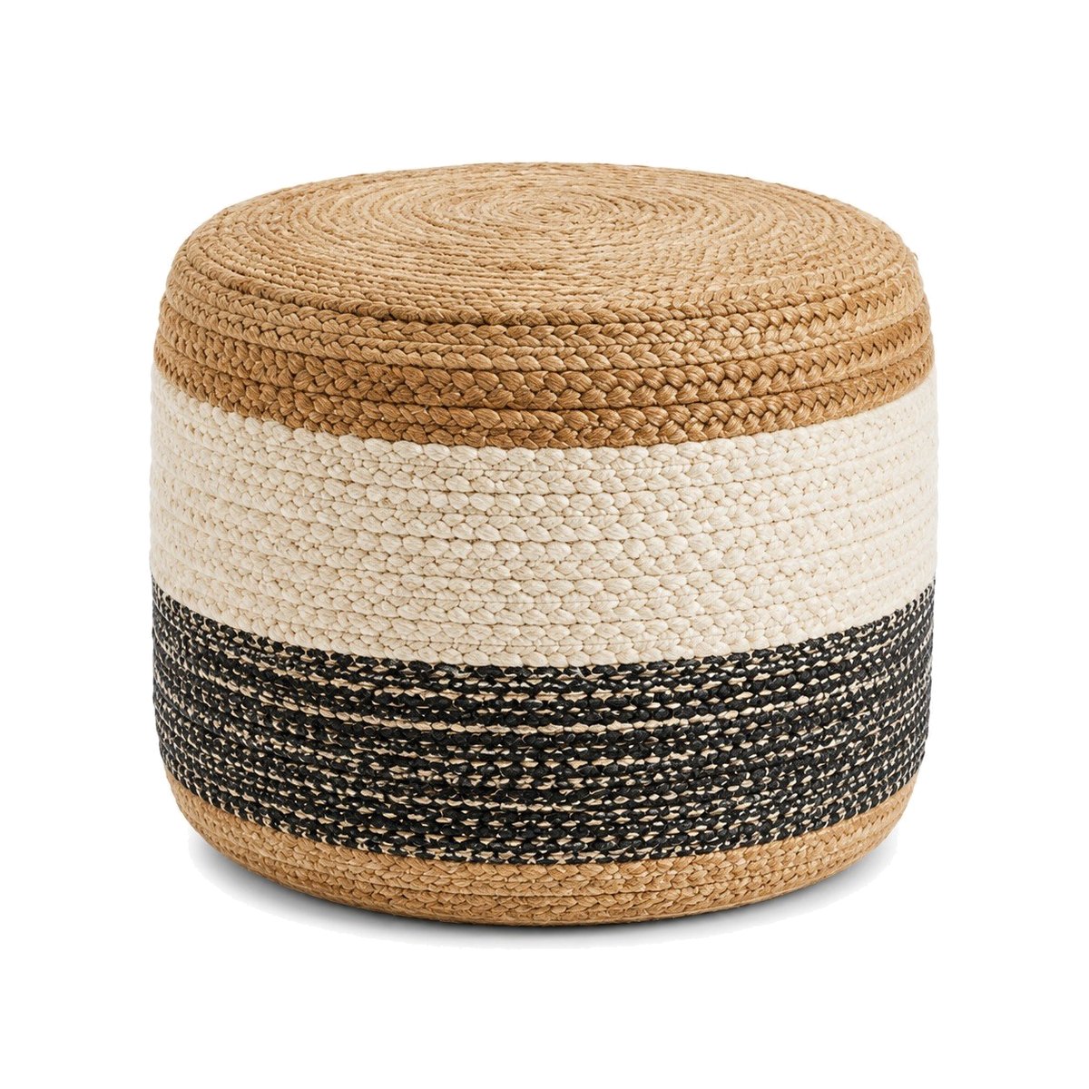 Natural jute round pouf with ivory and black color block bands