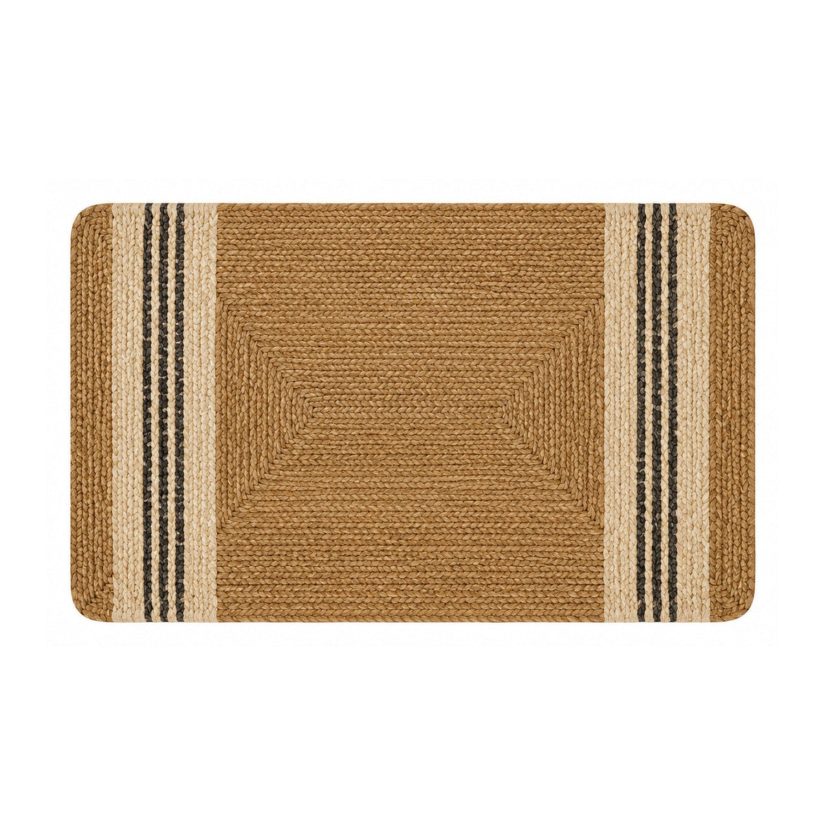 Natural jute bath mat with cream and charcoal striped borders on white background