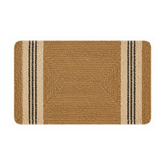 Natural jute bath mat with cream and charcoal striped borders on white background