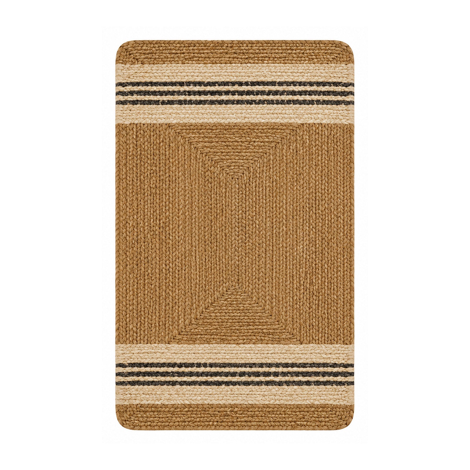 Natural jute bath mat with cream and charcoal striped borders on white background