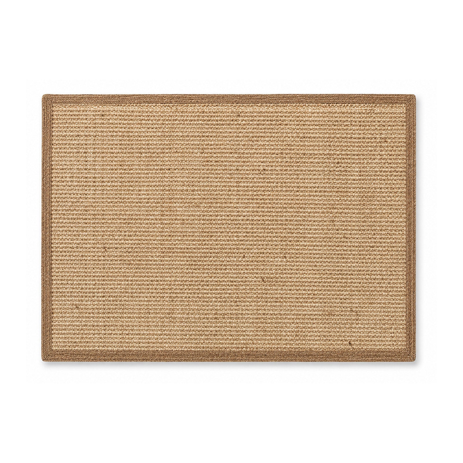 Natural jute woven bath mat with darker border on white background