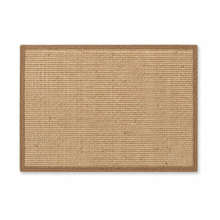 Natural jute woven bath mat with darker border on white background