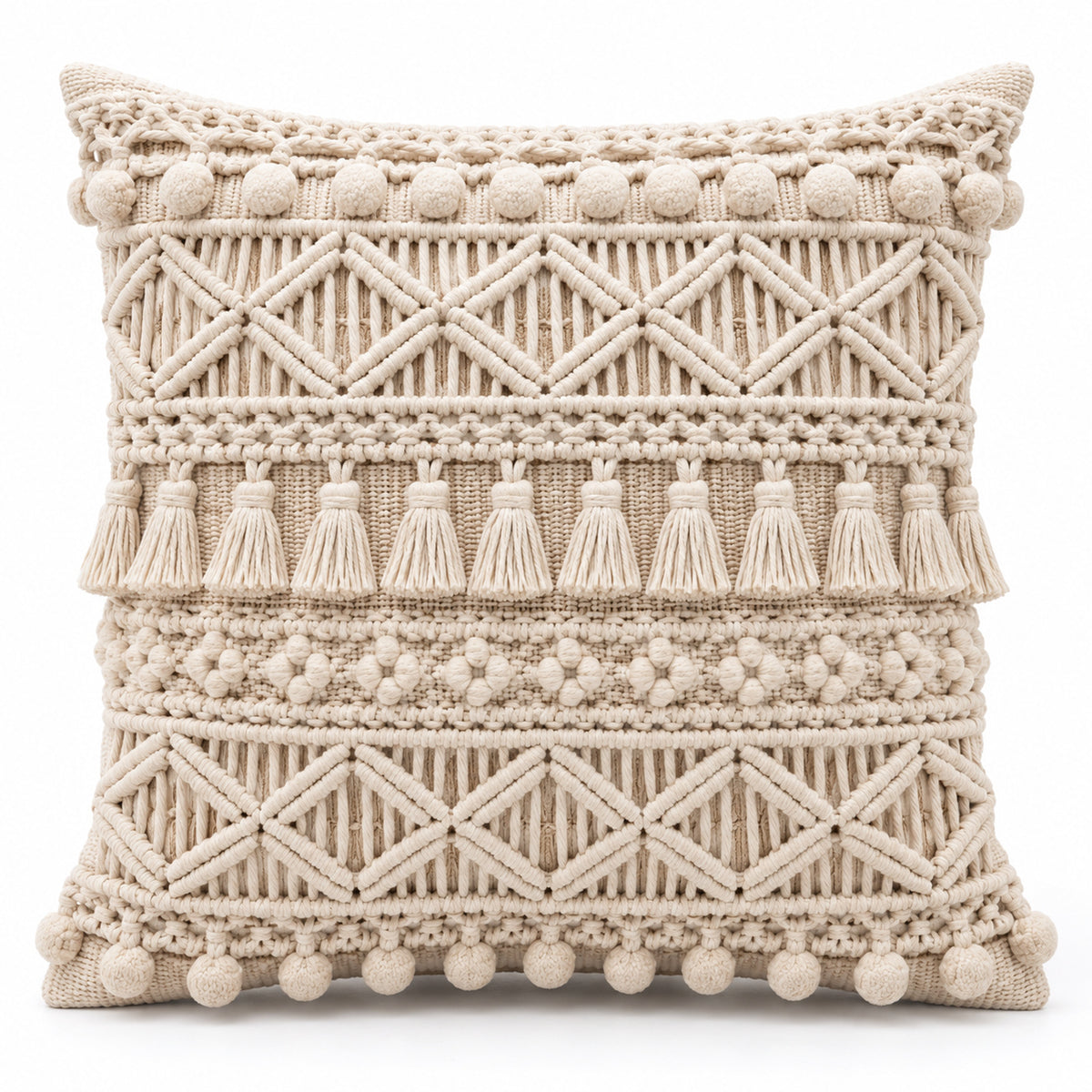 Boho Macrame Textured Cushion Cover – Handwoven Geometric Pattern with Tassel & Pom-Pom Detail, 45 x 45 cm