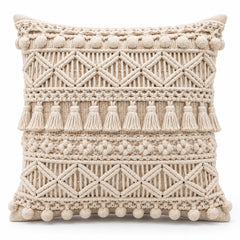 Boho Macrame Textured Cushion Cover – Handwoven Geometric Pattern with Tassel & Pom-Pom Detail, 45 x 45 cm