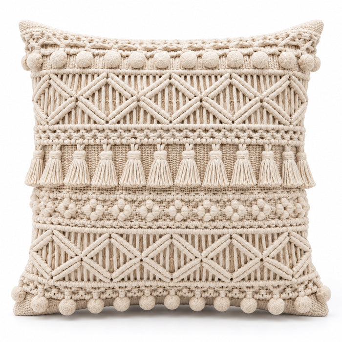 Boho Macrame Textured Cushion Cover – Handwoven Geometric Pattern with Tassel & Pom-Pom Detail, 45 x 45 cm