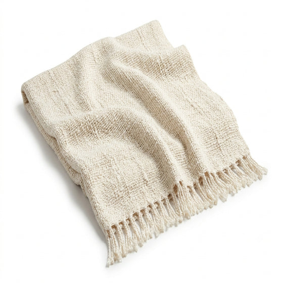 Natural oatmeal crinkle texture woven cotton throw with fringe 130×170 cm by Primeval