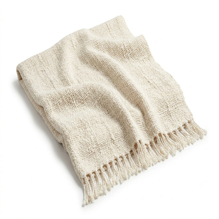 Natural oatmeal crinkle texture woven cotton throw with fringe 130×170 cm by Primeval