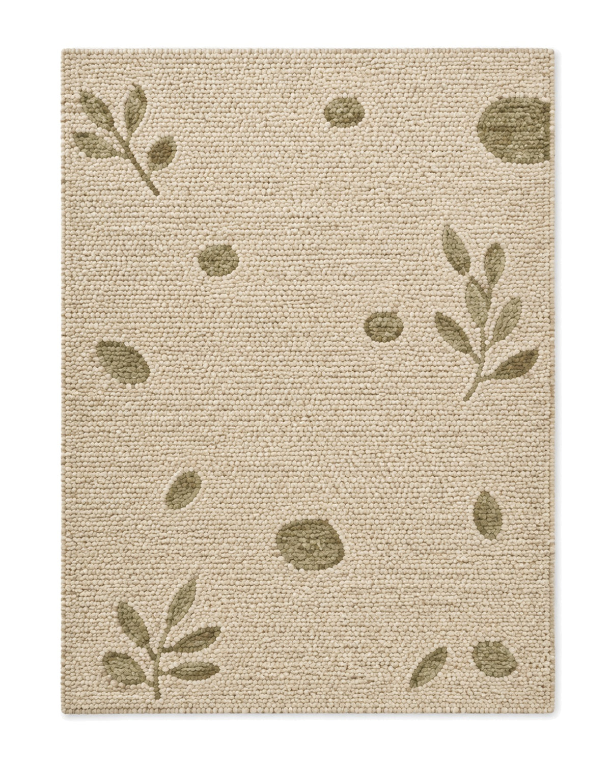Natural and olive loop-pile area rug with scattered botanical leaf sprig motifs on a white background.