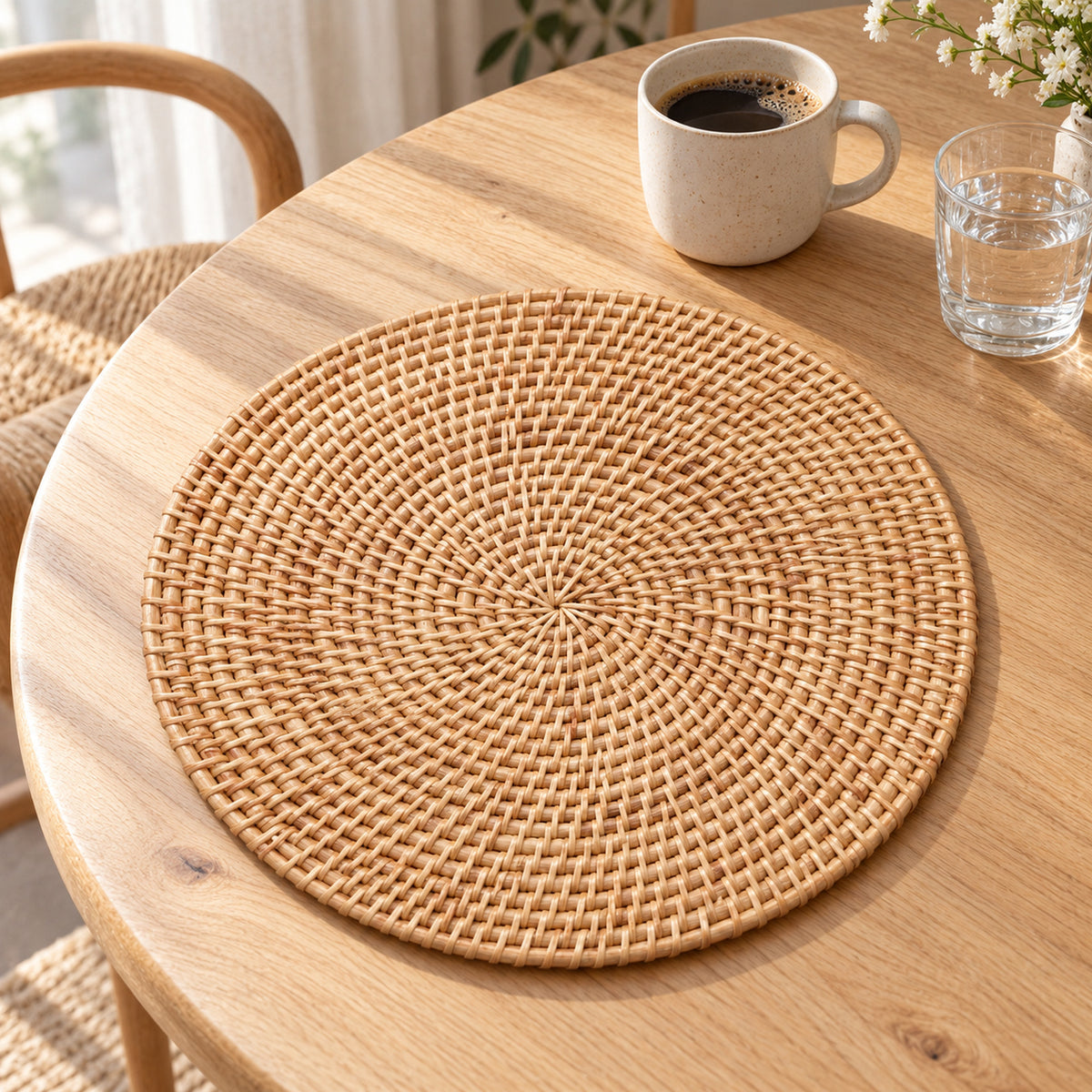 Round natural rattan-style woven placemat displayed on a light wooden dining table