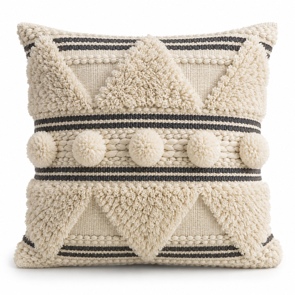 Boho Tufted Pom Pom Cushion Cover – Cream & Black Textured Geometric Design, 45 x 45 cm