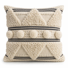 Boho Tufted Pom Pom Cushion Cover – Cream & Black Textured Geometric Design, 45 x 45 cm