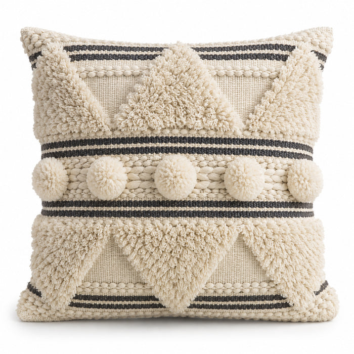 Boho Tufted Pom Pom Cushion Cover – Cream & Black Textured Geometric Design, 45 x 45 cm
