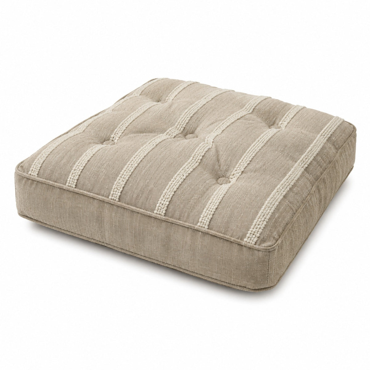 Natural beige floor cushion with raised vertical stripe tufting on white background
