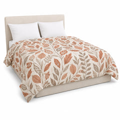 Primeval natural terracotta taupe botanical duvet cover displayed on a styled bed against a clean white studio background