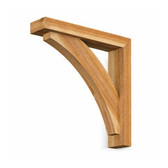 Natural light honey-wood corner shelf corbel with horizontal and vertical arms joined by a clean sweeping open arch