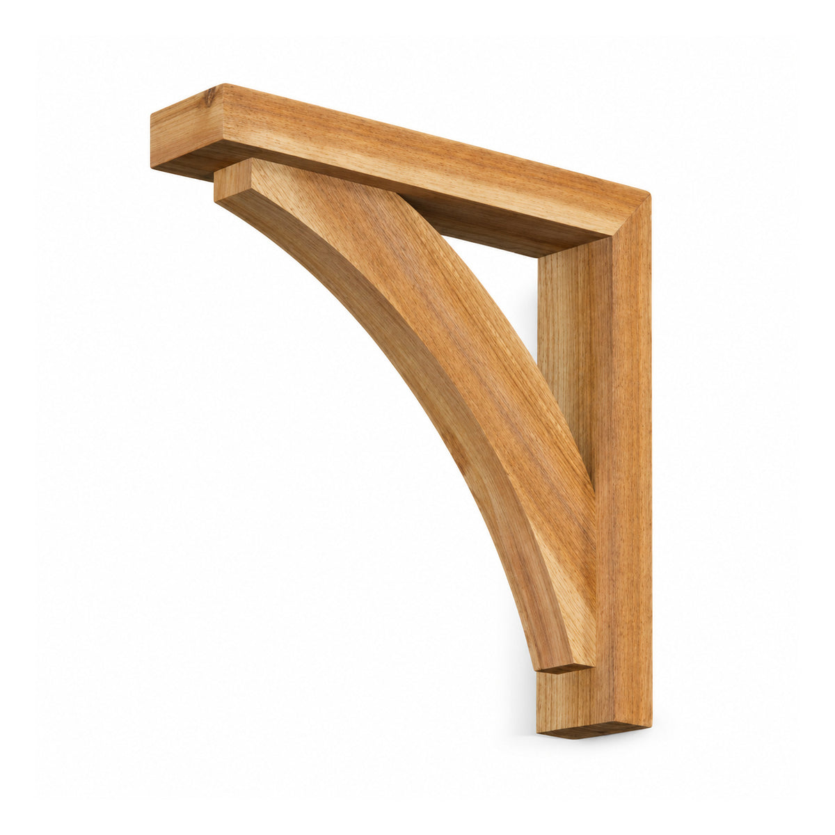 Natural light honey-wood corner shelf corbel with horizontal and vertical arms joined by a clean sweeping open arch