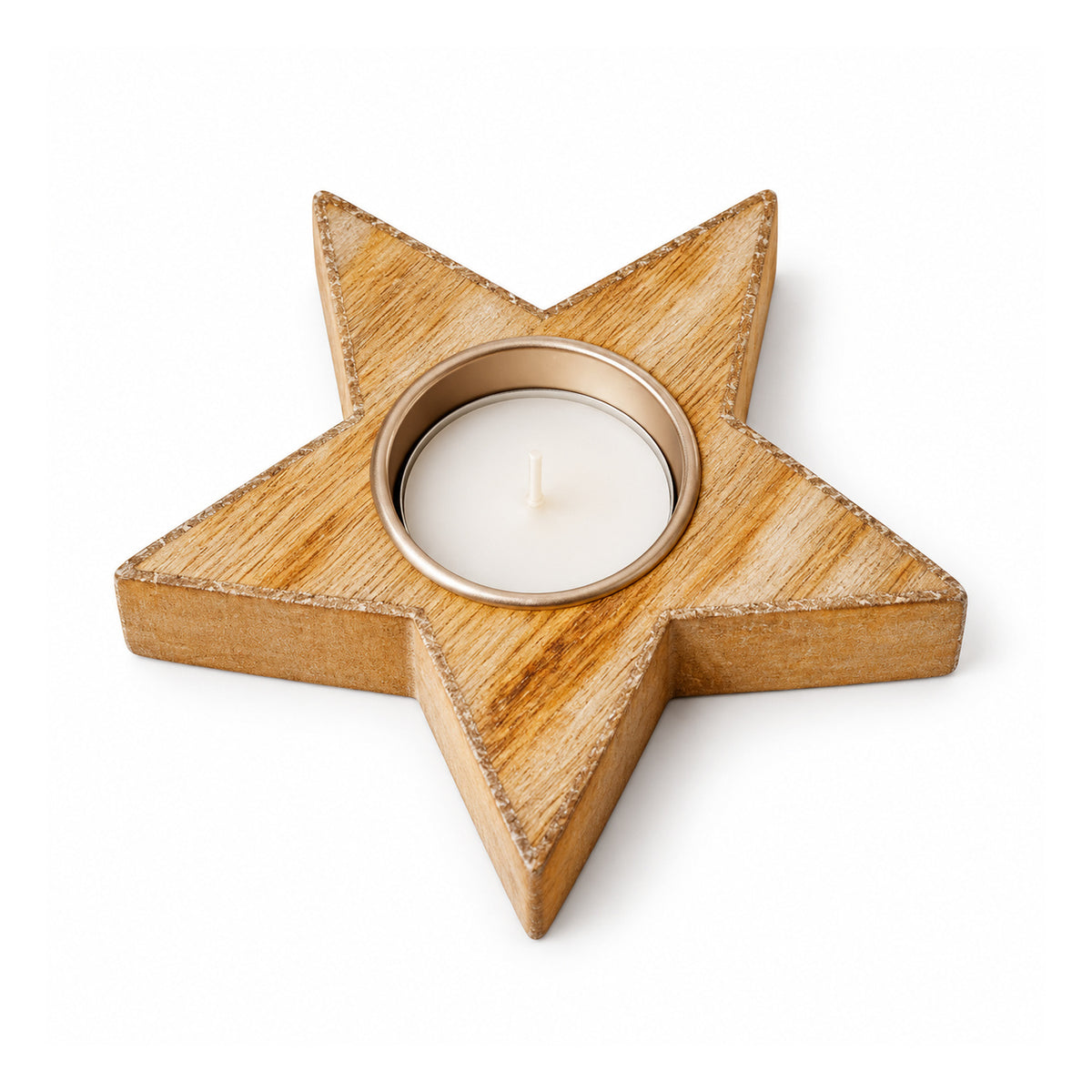 Five-point wooden star candle holder in a pale golden finish with a single round silver-tone tealight cup at its center