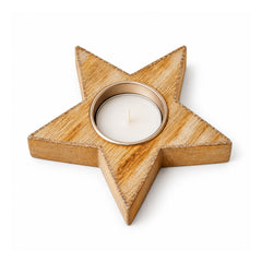 Five-point wooden star candle holder in a pale golden finish with a single round silver-tone tealight cup at its center