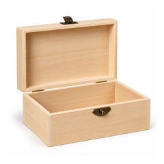 Light natural-wood rectangular keepsake box displayed open with plain inner compartment, rear hinges and small dark front clasp
