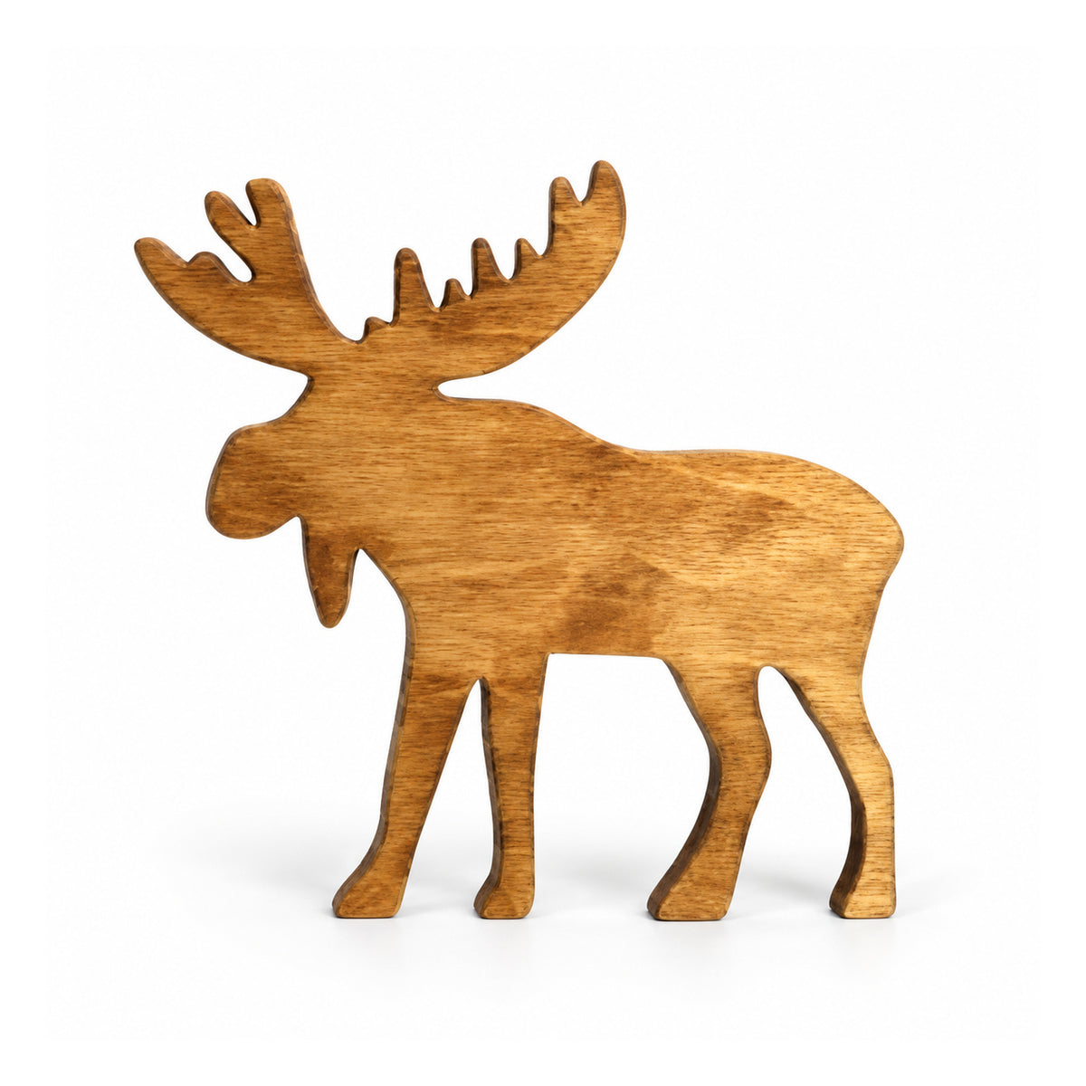 Flat honey-toned wooden moose silhouette with large branching antlers, broad body and four standing legs