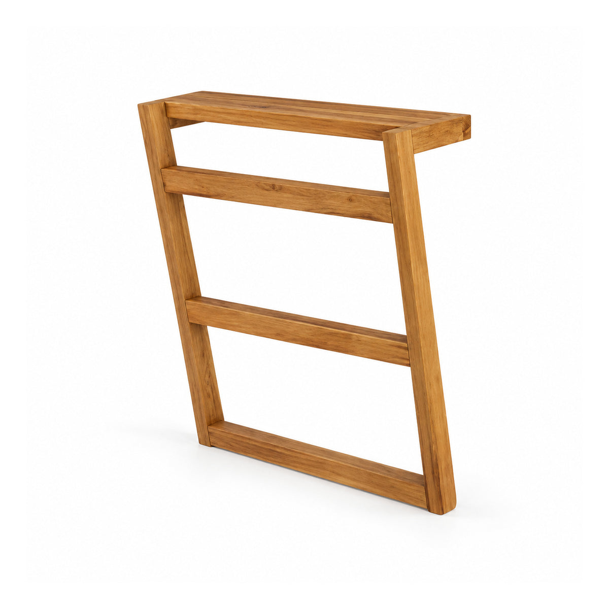Light honey-brown wooden slanted rack with a flat projecting top shelf and three horizontal cross rails