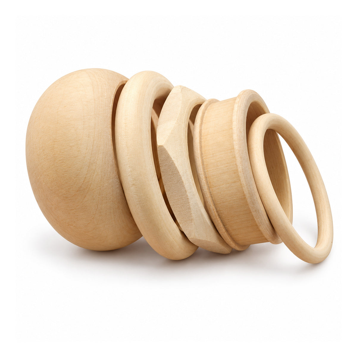 Assortment of smooth natural unfinished wooden bangle bracelets in varying thicknesses and rounded profiles