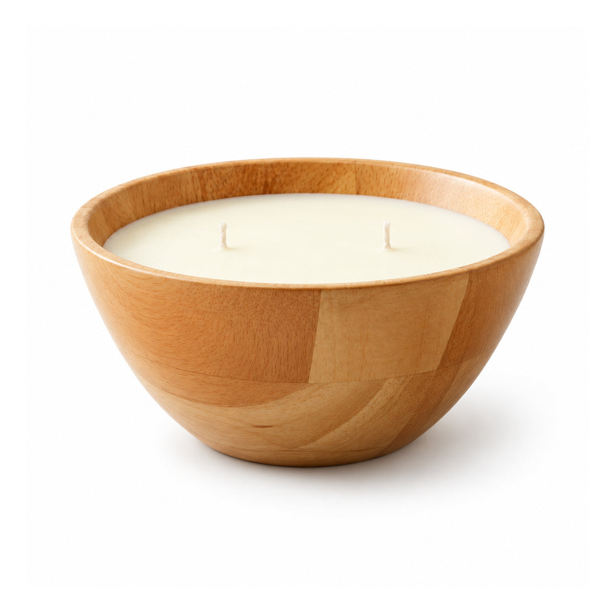 Round natural wood bowl candle with cream-colored wax and two visible wicks on a clean white background