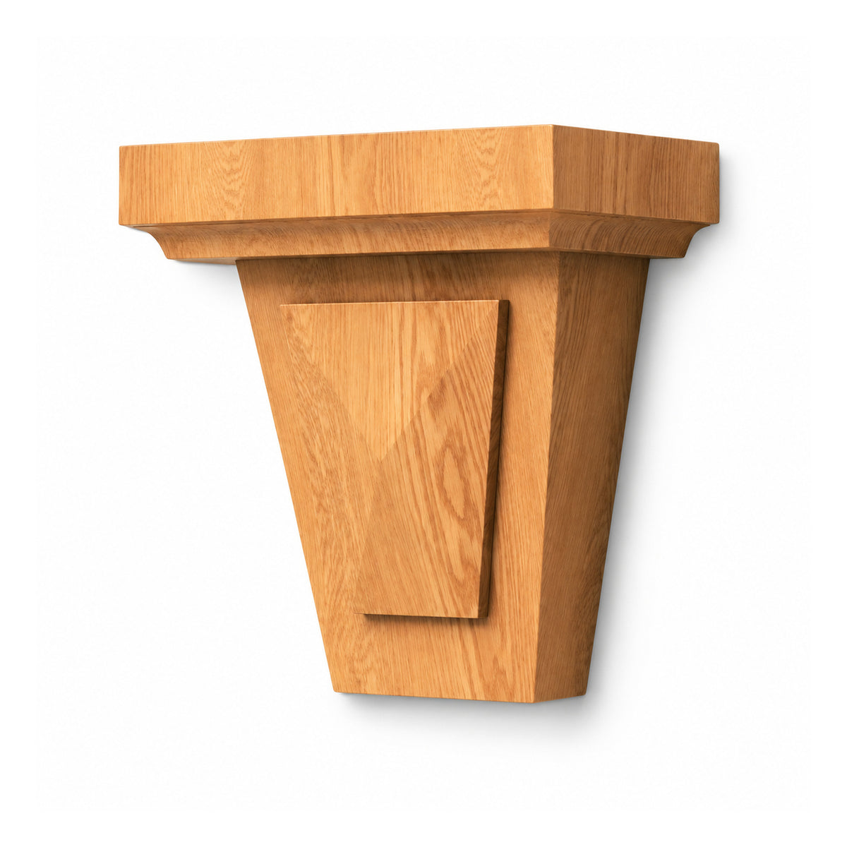 Single natural honey wood angular shelf corbel bracket with broad stepped upper shelf, tapered support and sculptural geometric profile