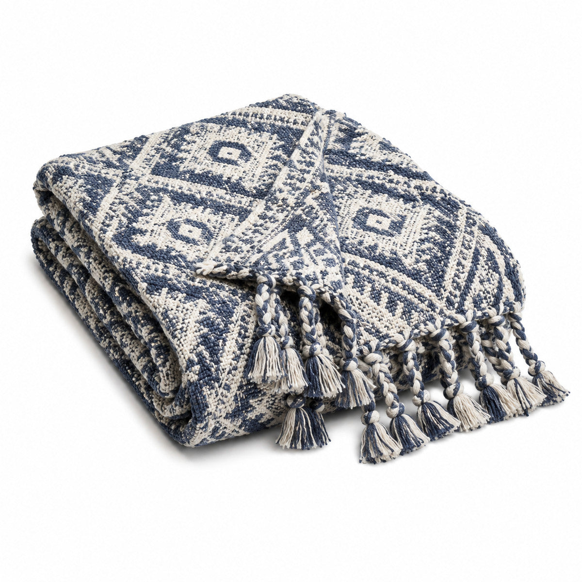Navy and Cream Geometric Woven Throw with Tassels - Primeval