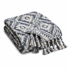Navy and Cream Geometric Woven Throw with Tassels - Primeval
