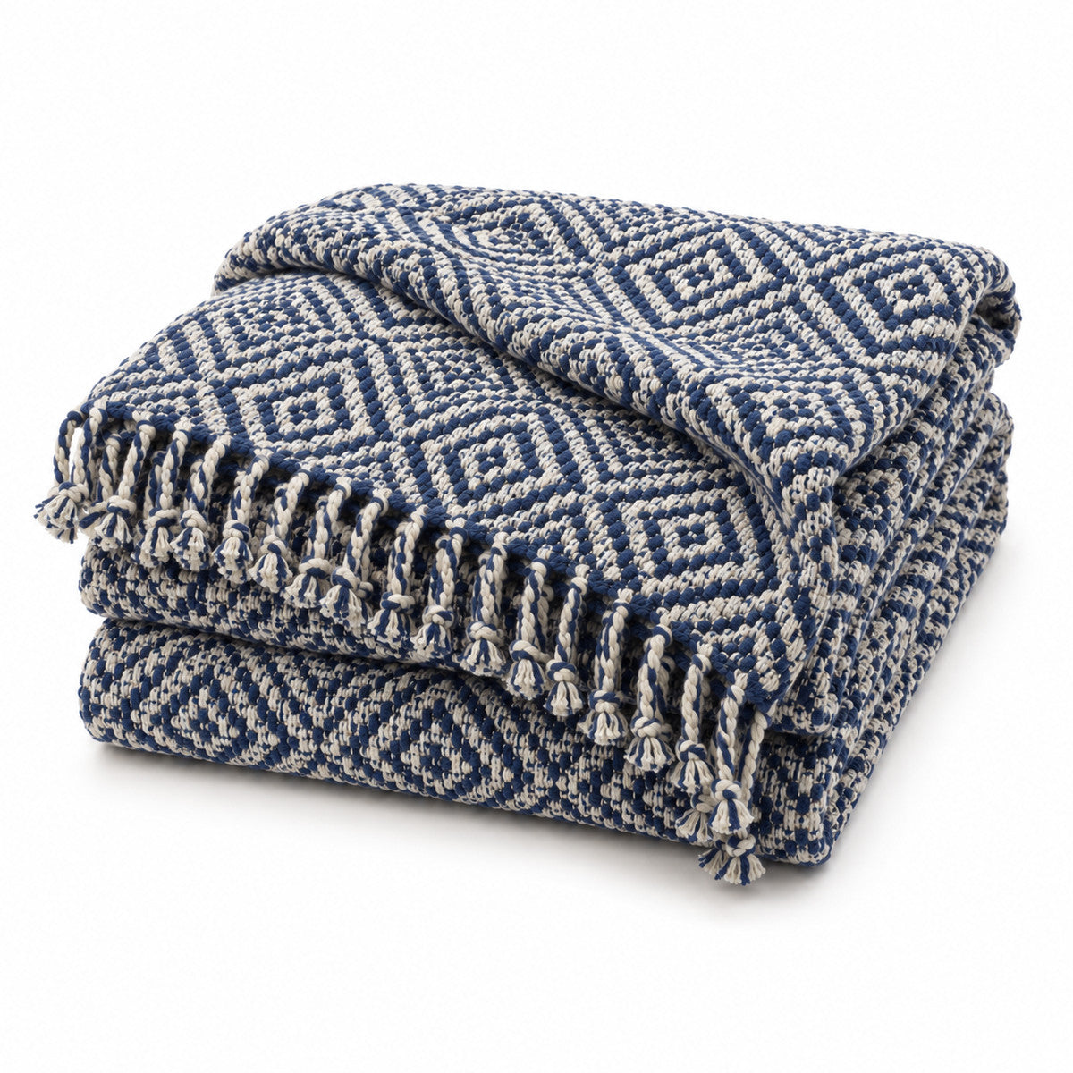 Navy and Cream Diamond Woven Throw with Tassels - Primeval