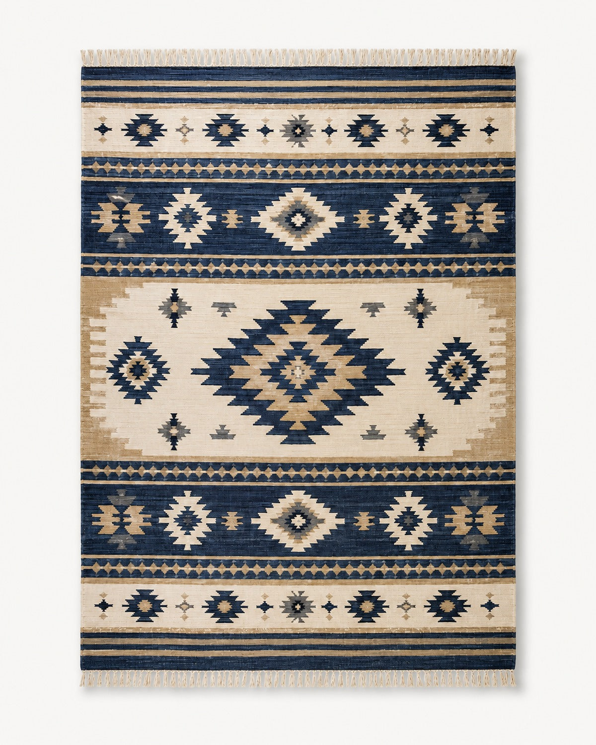 Navy blue beige and ivory banded geometric kilim rug with fringe for wholesale sourcing