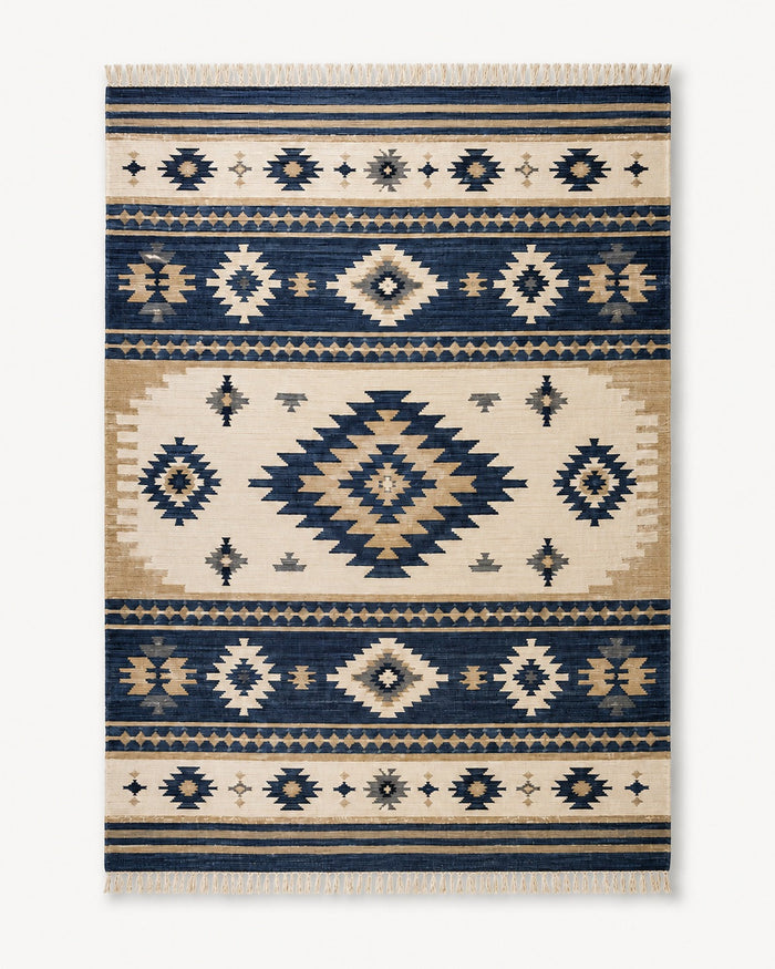 Navy blue beige and ivory banded geometric kilim rug with fringe for wholesale sourcing
