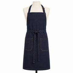 Primeval navy chef apron with beige contrast stitching displayed on a dress form
