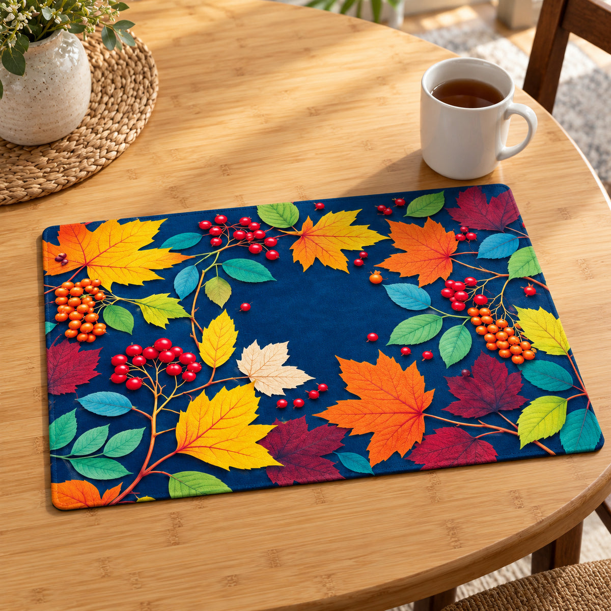 Midnight navy rectangular placemat covered with bright yellow orange teal and magenta tropical leaves berries and flowers on a wooden dining table