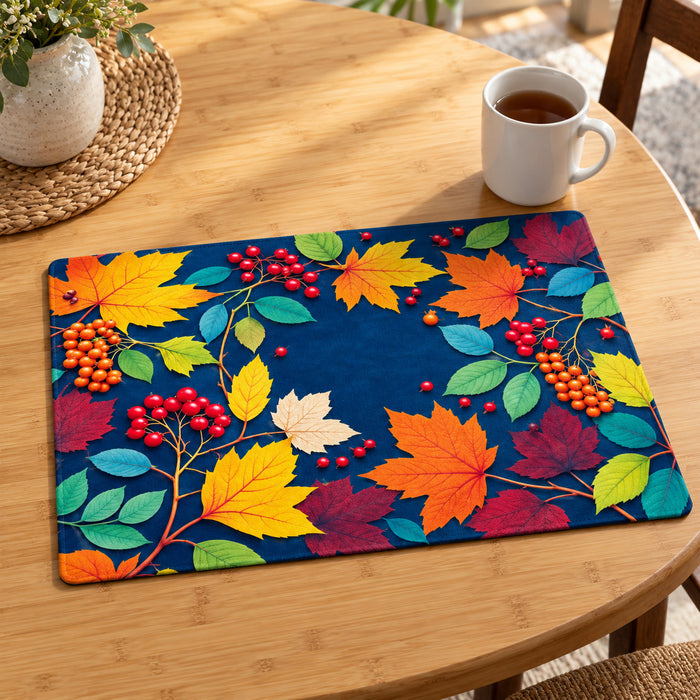 Midnight navy rectangular placemat covered with bright yellow orange teal and magenta tropical leaves berries and flowers on a wooden dining table