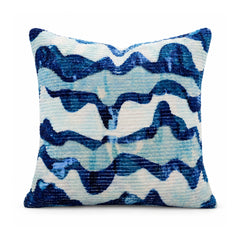 Primeval navy and cobalt blue cushion cover with sweeping white and aqua wavy horizontal stripe motifs