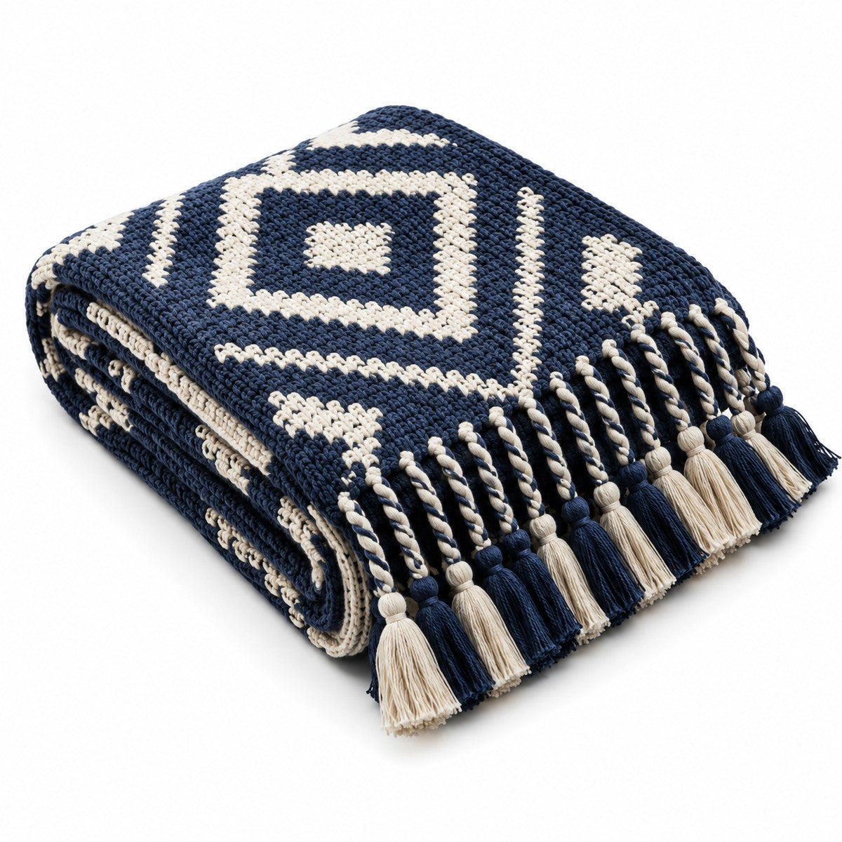 Navy and Cream Geometric Knit Throw with Tassels - Primeval