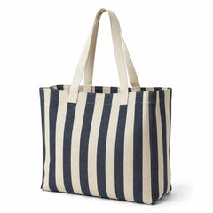 Navy and cream vertical striped cotton tote bag with natural handles on a white background.