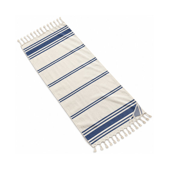 Navy and ivory horizontal striped fringed beach towel with a classic coastal look.