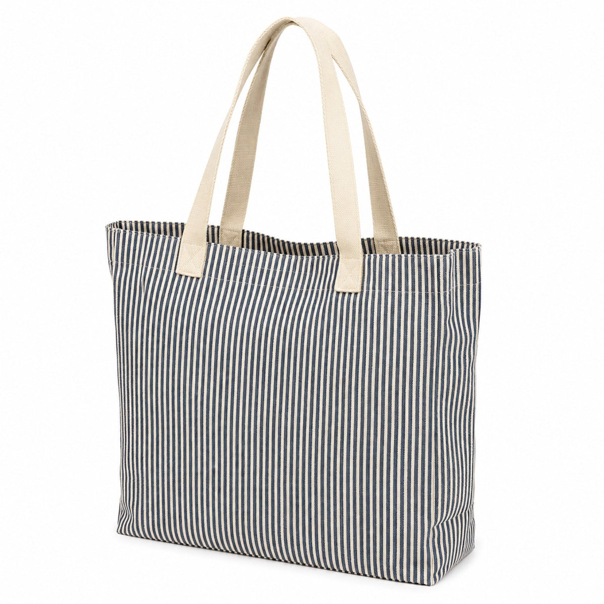 Navy and natural pinstripe cotton tote bag with natural handles on a white background.