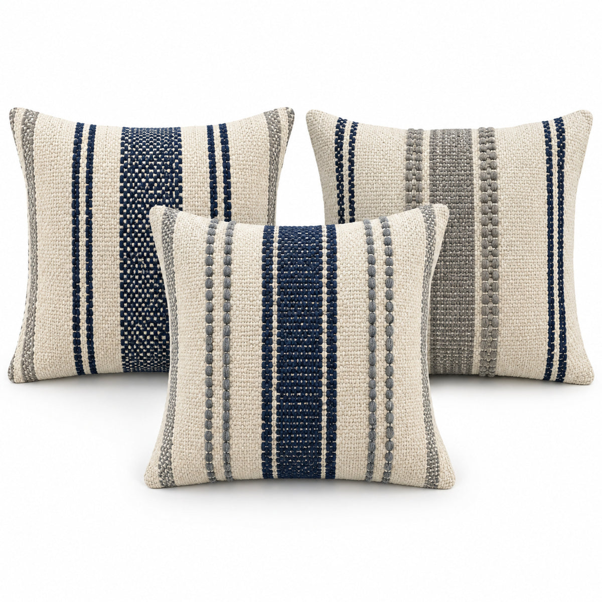 Assorted cushion set with navy taupe and ivory vertical stripe patterns
