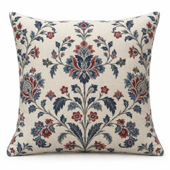 Ivory decorative cushion with navy and rust damask floral pattern