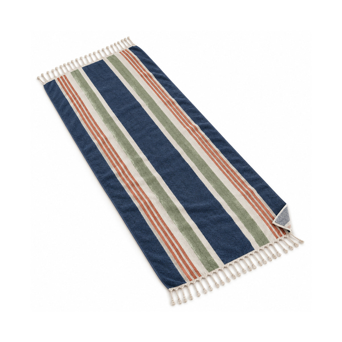 Navy, sage and terracotta multistripe beach towel with a contemporary coastal palette.