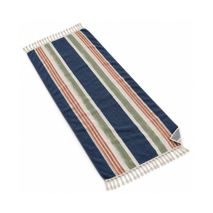 Navy, sage and terracotta multistripe beach towel with a contemporary coastal palette.