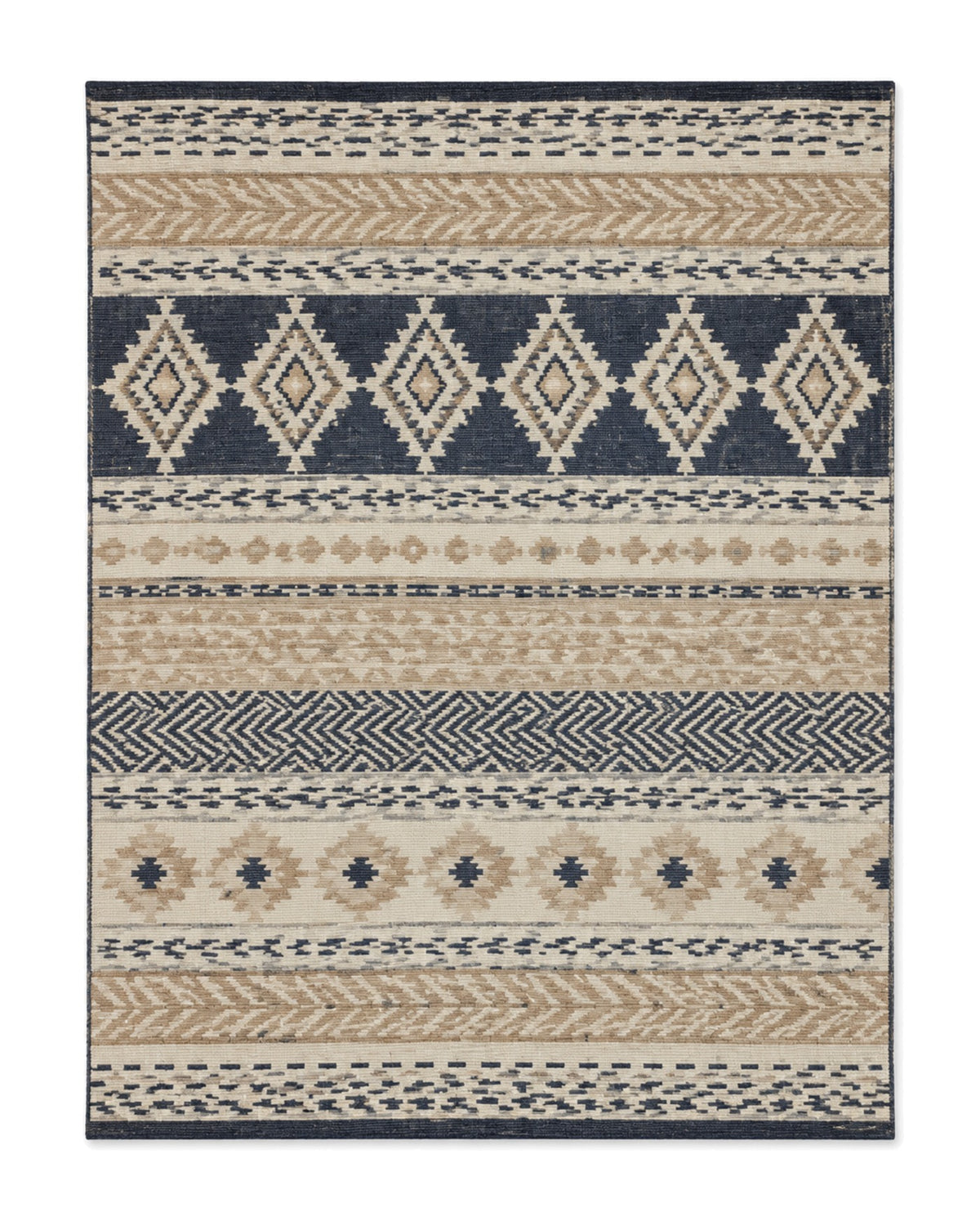 Navy, sand and cream kilim-style flatweave area rug with layered geometric bands on a white background.