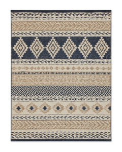 Navy, sand and cream kilim-style flatweave area rug with layered geometric bands on a white background.