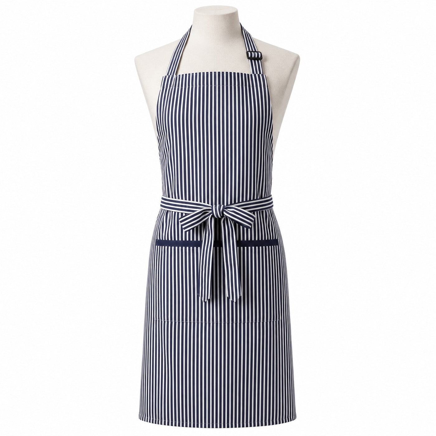 Primeval navy and white striped chef apron displayed on a dress form