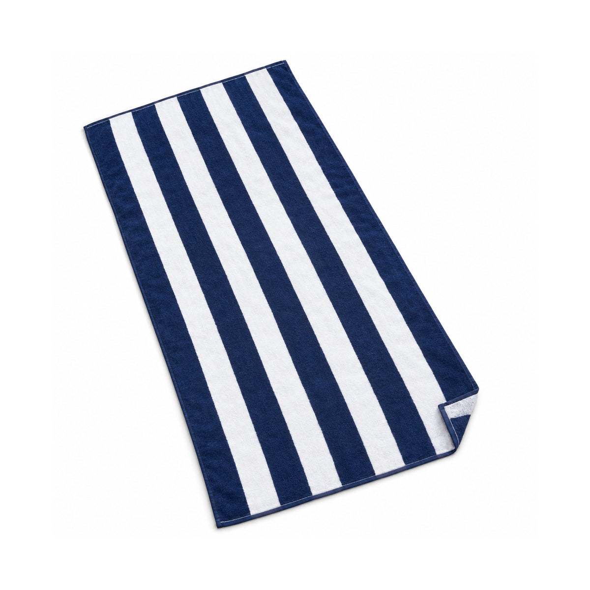 Navy and white vertical striped fringed beach towel on a white background.